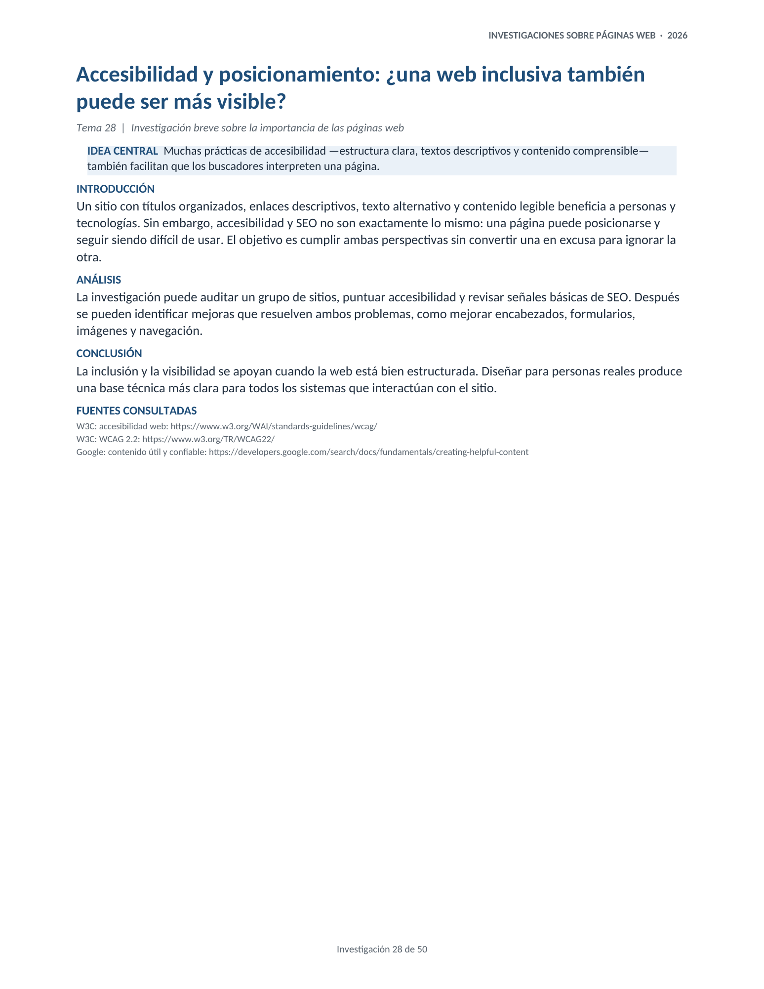 Portada de la investigación 28: Accesibilidad y posicionamiento: ¿una web inclusiva también puede ser más visible?