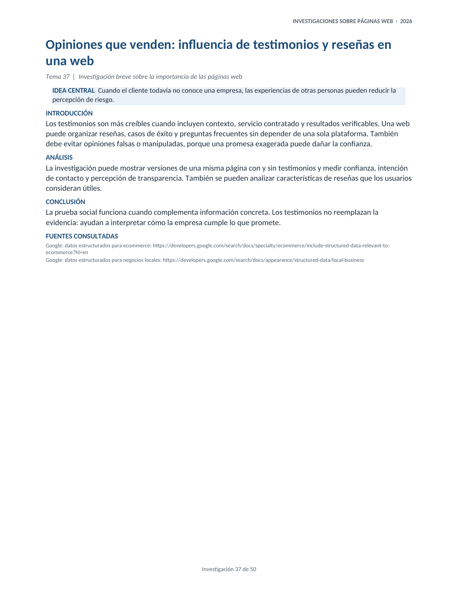 Portada de la investigación 37: Opiniones que venden: influencia de testimonios y reseñas en una web