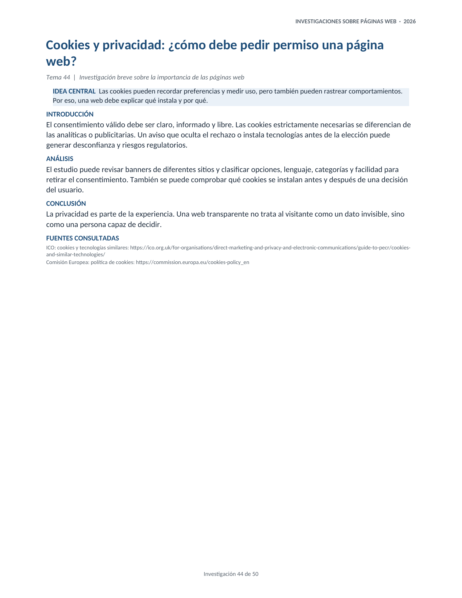 Portada de la investigación 44: Cookies y privacidad: ¿cómo debe pedir permiso una página web?
