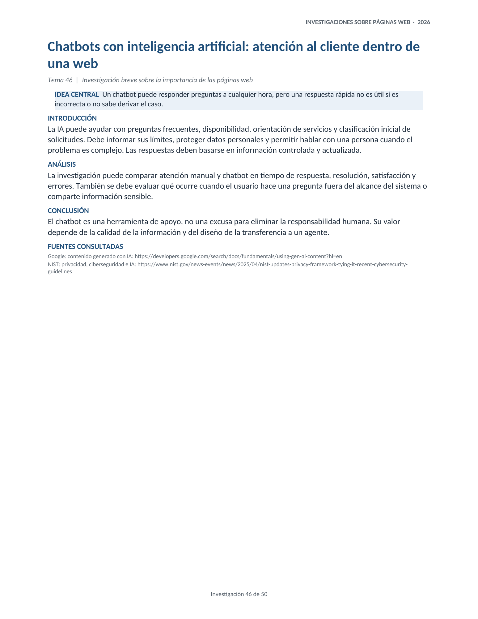 Portada de la investigación 46: Chatbots con inteligencia artificial: atención al cliente dentro de una web